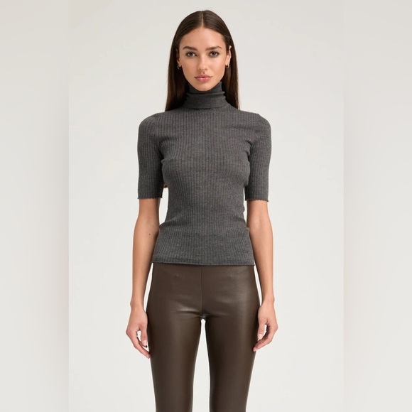 Jamie Scott Vintage Ribbed Short Sleeved Turtleneck in Charcoal Grey - Picture 1 of 7